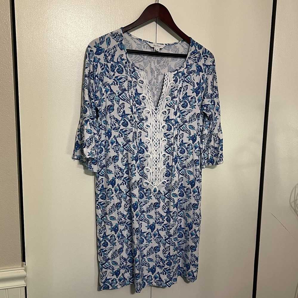 Lilly Pulitzer Seashell Shift Dress Blue White Crochet Lace Neck Coastal Size M